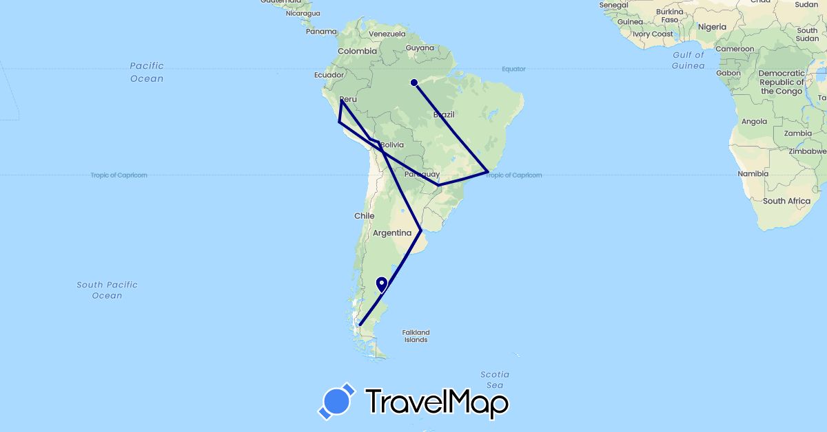 TravelMap itinerary: driving in Argentina, Bolivia, Brazil, Peru (South America)